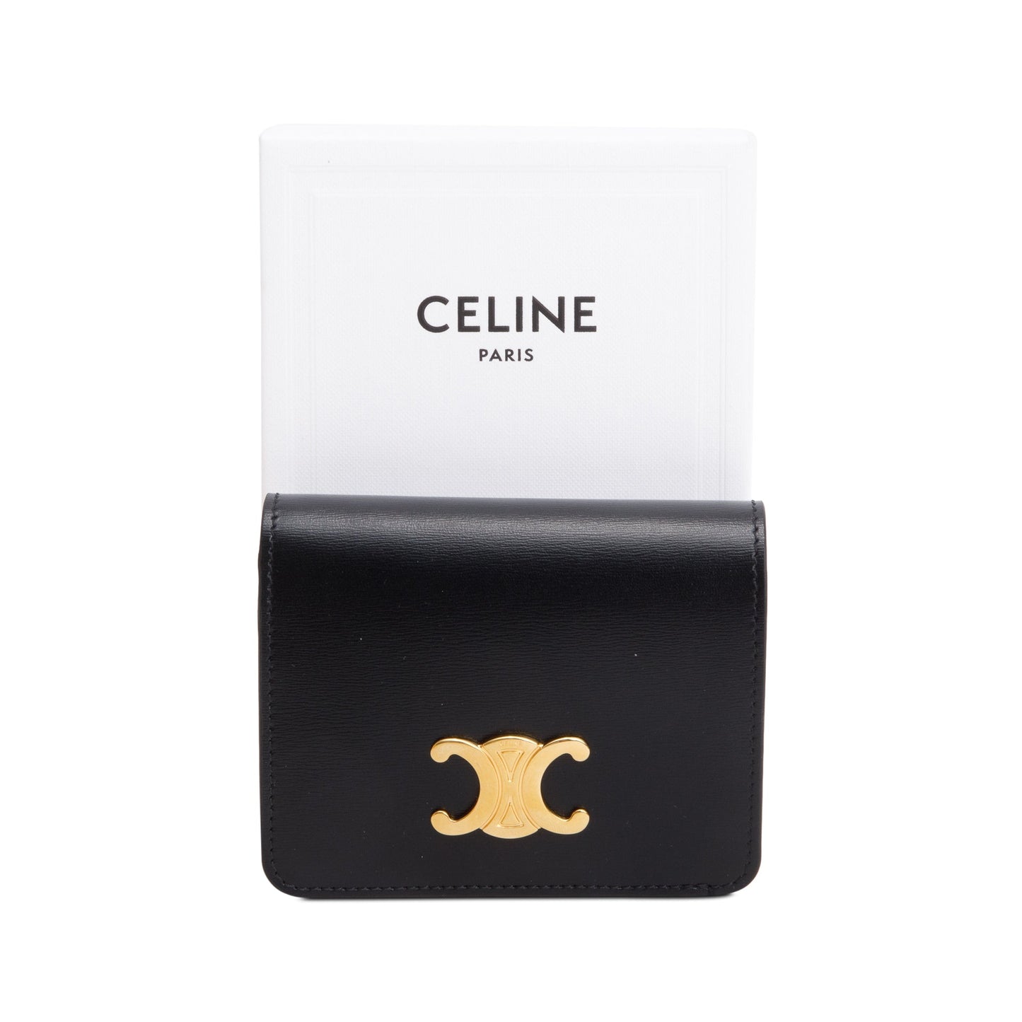 Celine 2023 Black Shiny Calfskin Leather Triomphe Compact Wallet w/ Box & Receipt