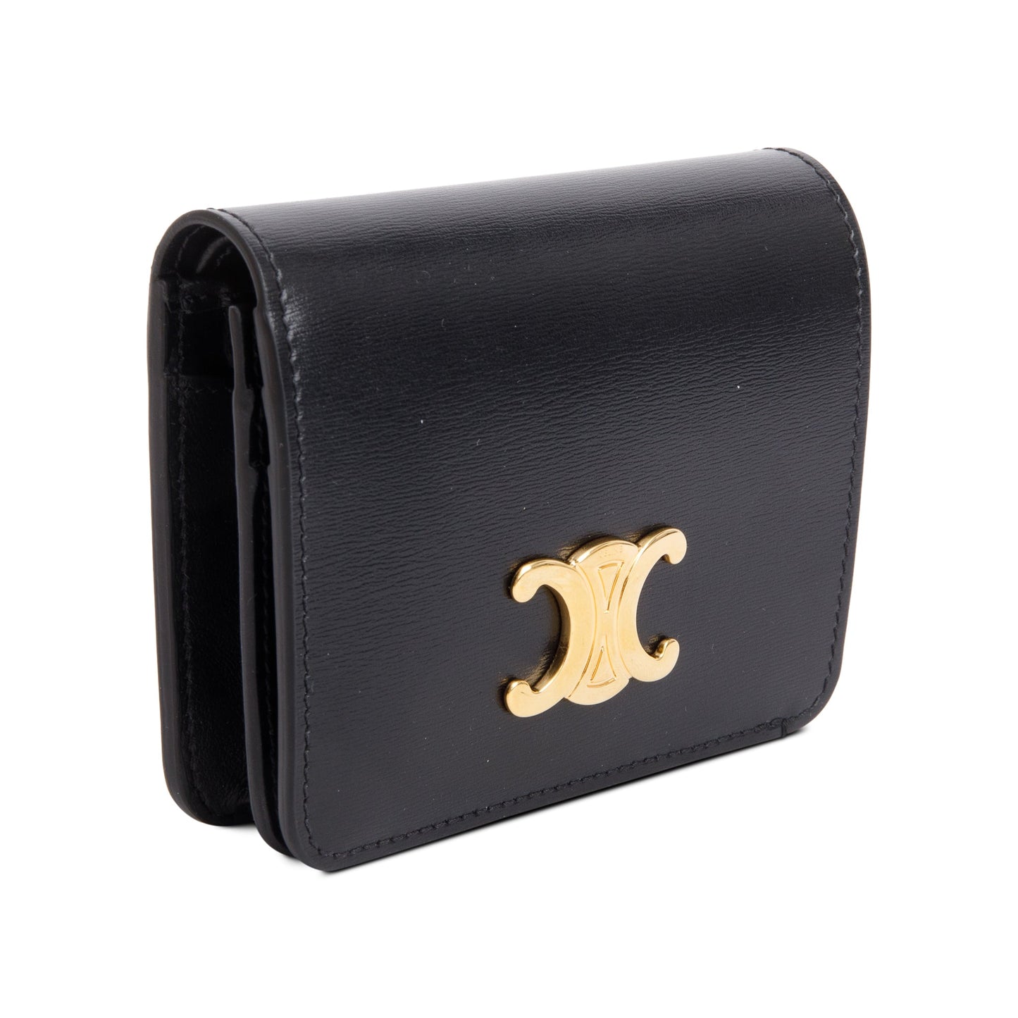 Celine 2023 Black Shiny Calfskin Leather Triomphe Compact Wallet w/ Box & Receipt