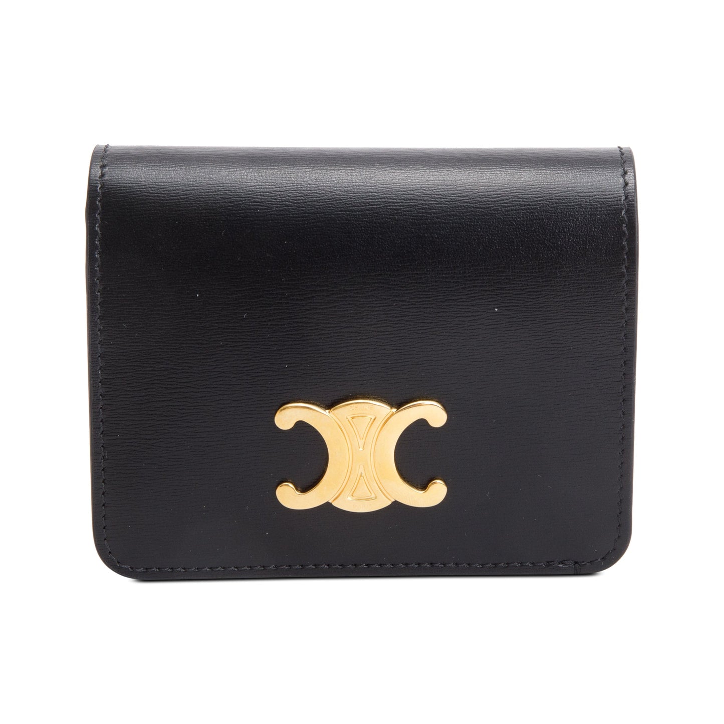 Celine 2023 Black Shiny Calfskin Leather Triomphe Compact Wallet w/ Box & Receipt