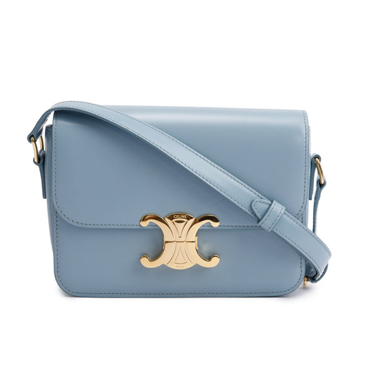 Celine 2023 Blue Shiny Calfskin Leather Teen Triomphe Shoulder Bag