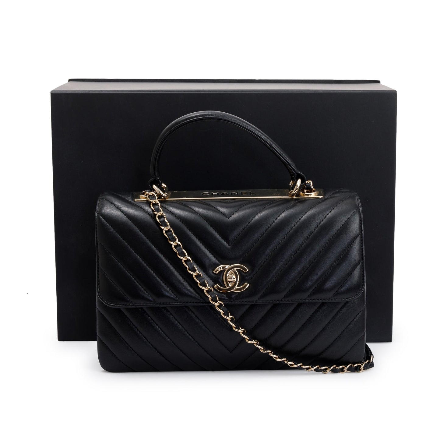 Chanel Black Chevron Lambskin Trendy CC Medium Top Handle Flap Bag w/ Box & Authenticity Card