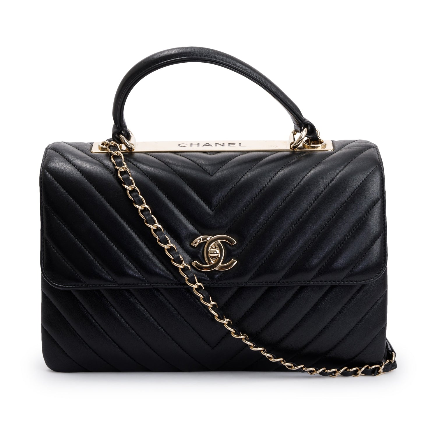 Chanel Black Chevron Lambskin Trendy CC Medium Top Handle Flap Bag w/ Box & Authenticity Card