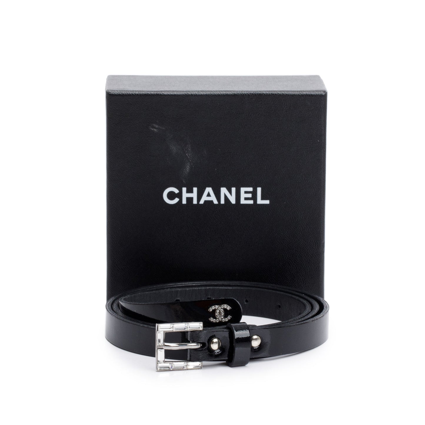Chanel Black Patent Leather Strass Buckle Skinny Belt 75 30 w/ Box