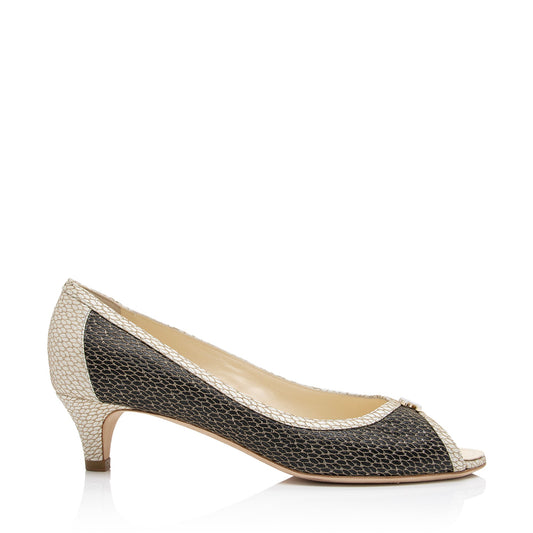 Chanel Calfskin Fishnet Pearl CC Peep Toe Pumps - Size 8.5 / 38.5 (SHF-vEnp7b)