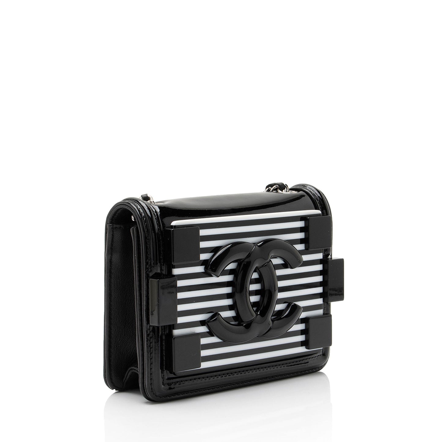 Chanel Patent Leather Striped Plexiglass Brick Boy Mini Flap Bag (SHF-0FlNDK)