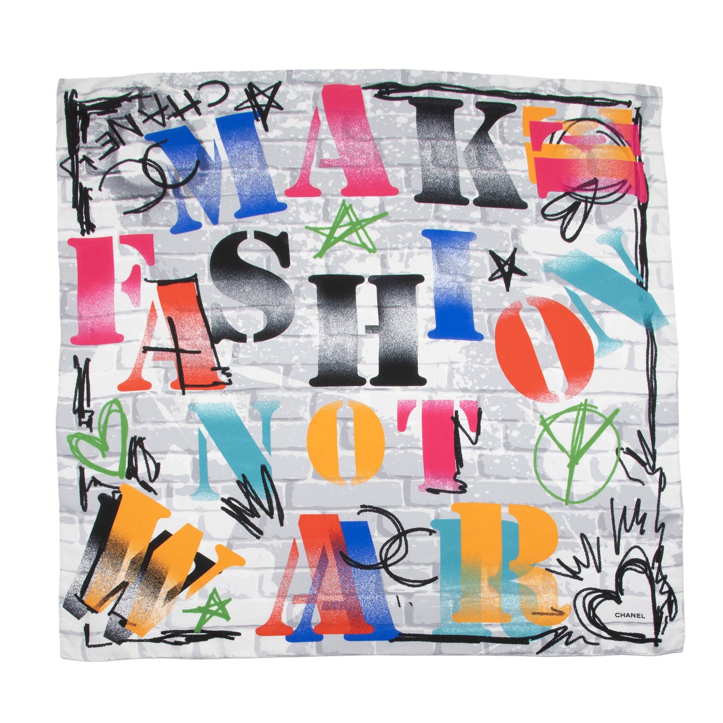 Chanel Silk Make Fashion Not War Graffiti 90cm Scarf (SHF-YD4Jrm)