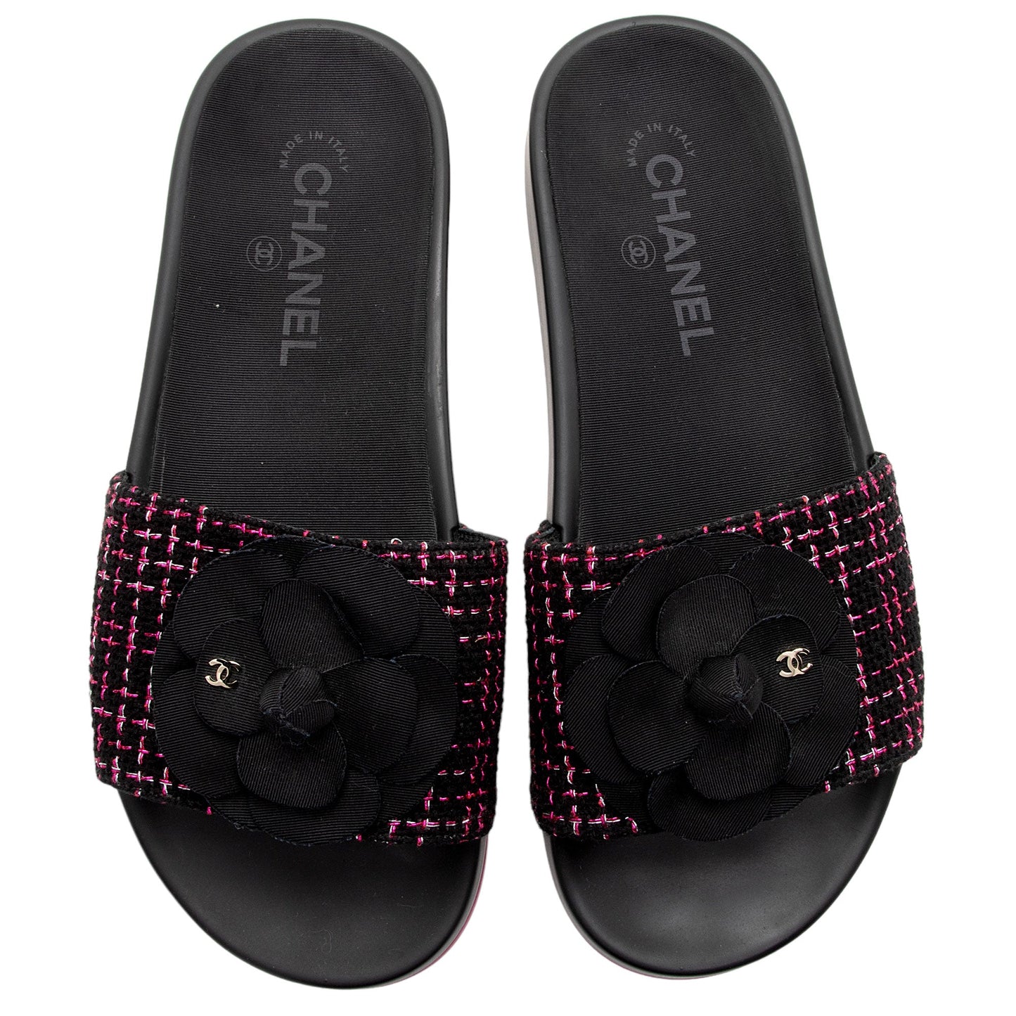Chanel Tweed And Grosgrain Ribbon Camellia Slide Sandals - Size 8 / 38 (SHF-MS8WJl)