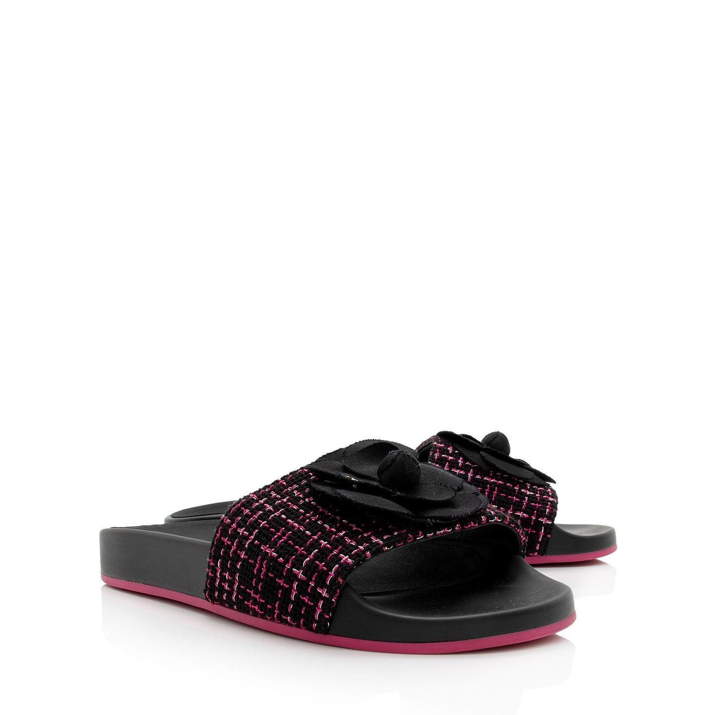 Chanel Tweed And Grosgrain Ribbon Camellia Slide Sandals - Size 8 / 38 (SHF-MS8WJl)