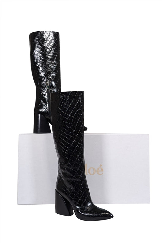 Chloe - Black Patent Croc Embossed Leather Tall Boots Sz 7.5