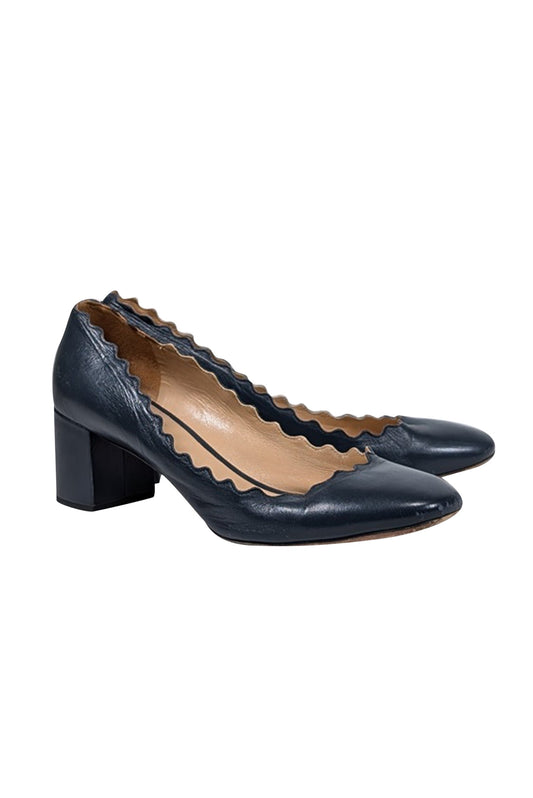 Chloe - Navy Leather Scallop Edge Low Basic Pumps Sz 8