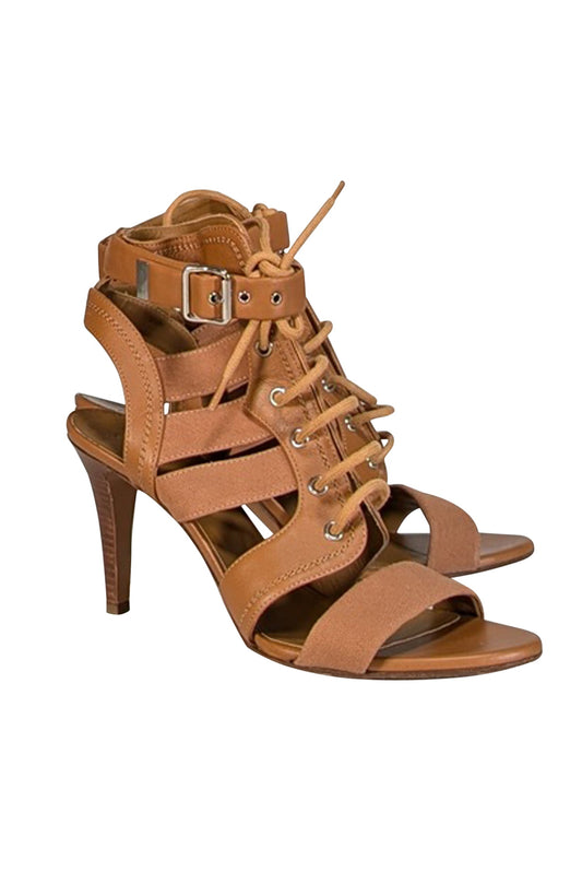 Chloe - Tan Leather & Woven Strappy Open Toe Pumps Sz 12