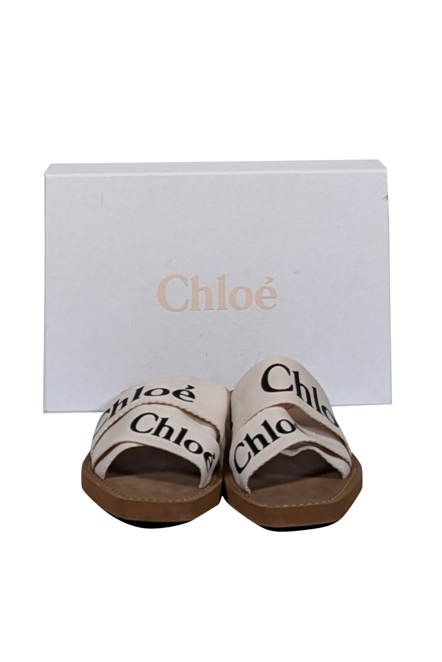 Chloe - White Woody Logo Ribbon Slide Sandals Sz 7