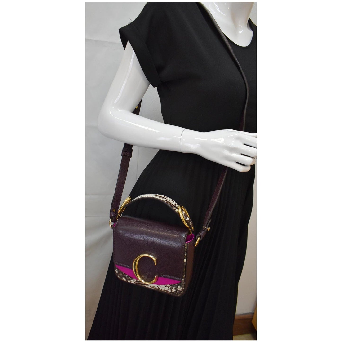 CHLOE Mini C Flap Double Carry Embossed Leather Crossbody Bag Raisin
