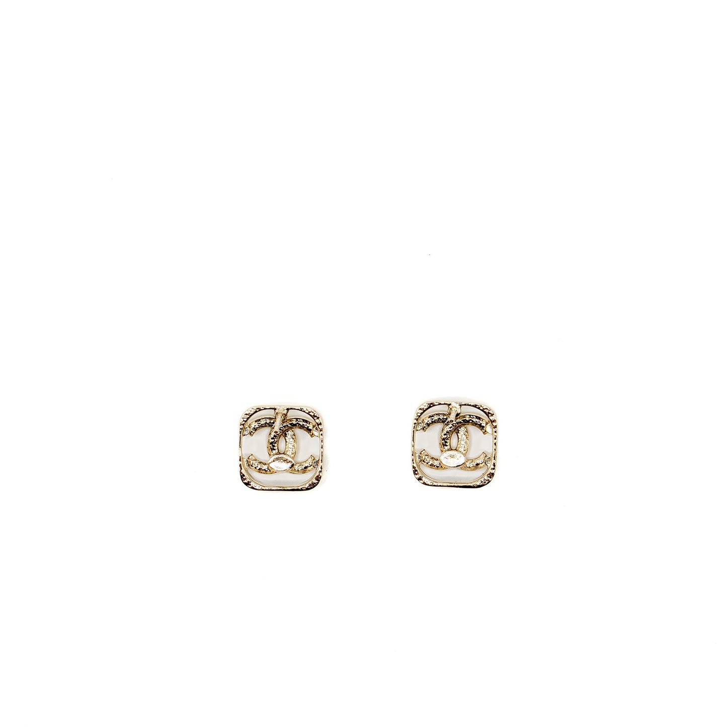 Chanel Square CC Logo Earrings Crystal Light Gold Tone