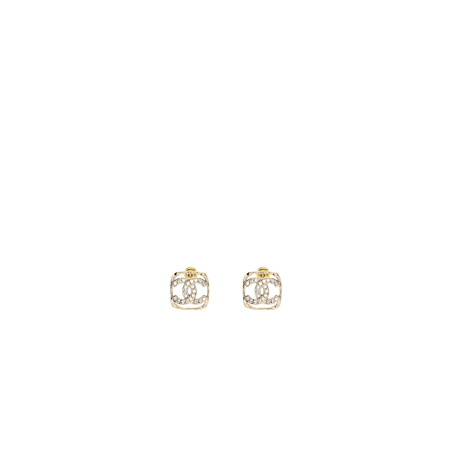 Chanel Square CC Logo Earrings Crystal Light Gold Tone