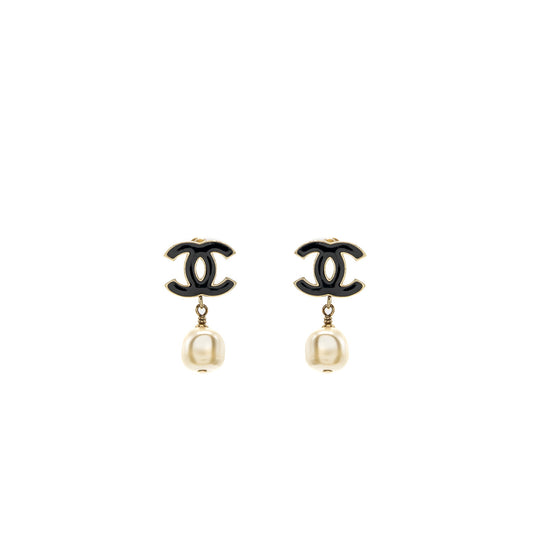 Chanel CC Logo Earring Pearl Drop Black/Light Gold Tone