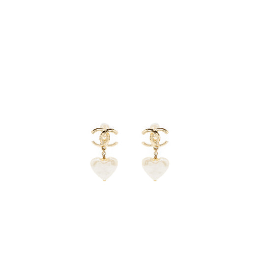 Chanel CC Logo Heart Drop Earclips Light Gold Tone