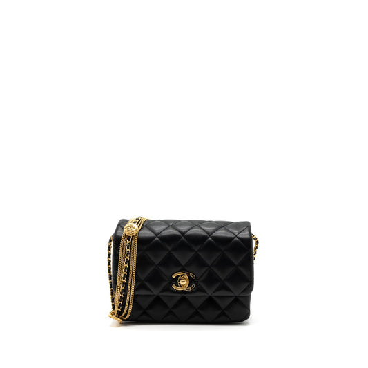Chanel 22a Button On Chain Flap Shoulder Bag Lambskin Black Brushed GHW(Microchip)
