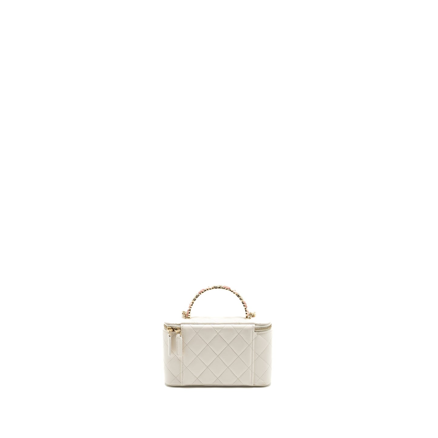 Chanel 23k Camellia Top Handle Long Vanity Case With Chain Calfskin White LGHW (Microchip)