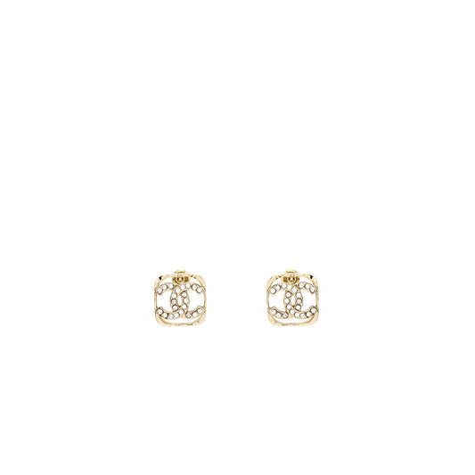 Chanel Square CC logo Earrings Crystal Light GOLD Tone