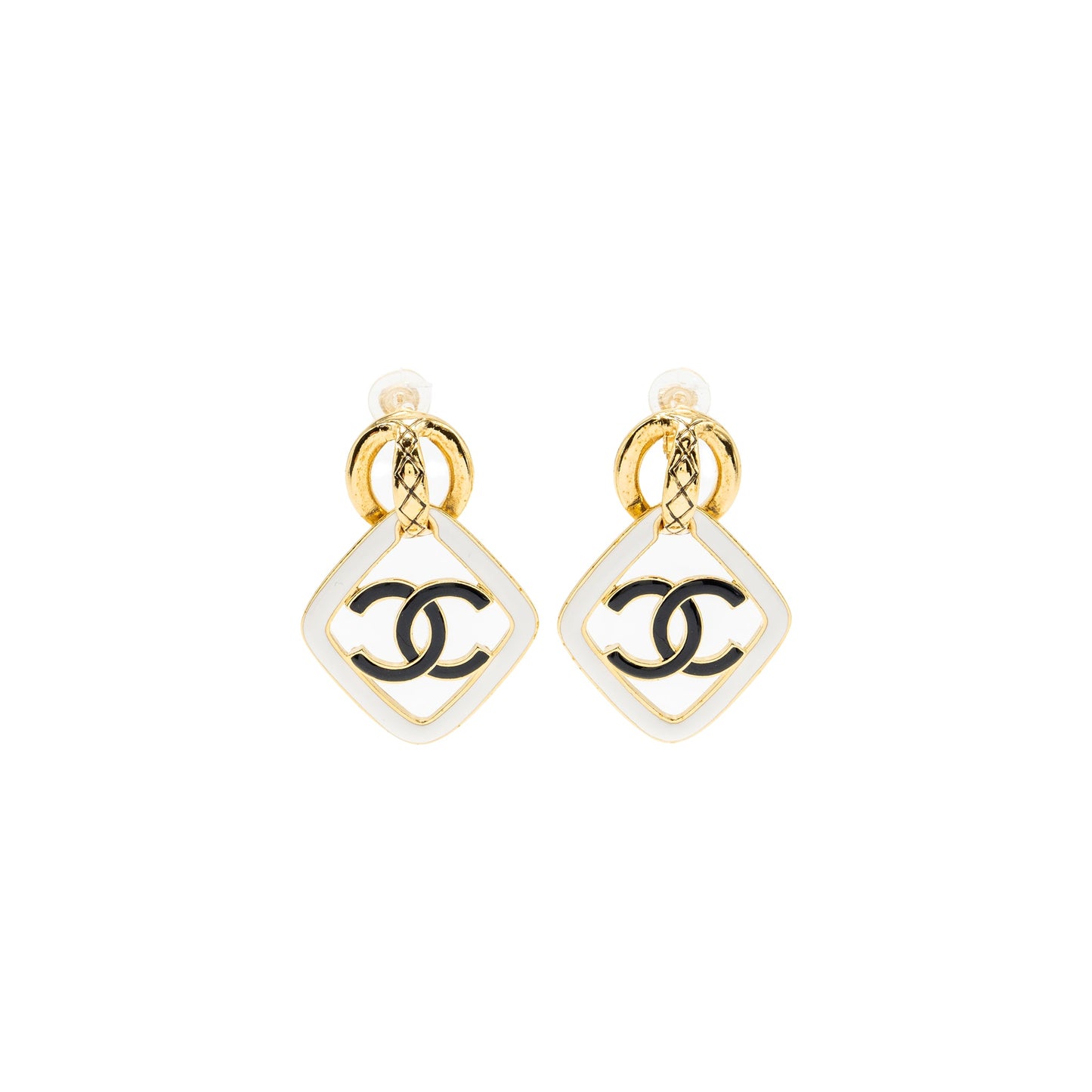 Chanel giant cc logo ear clip enamel black/white gold tone