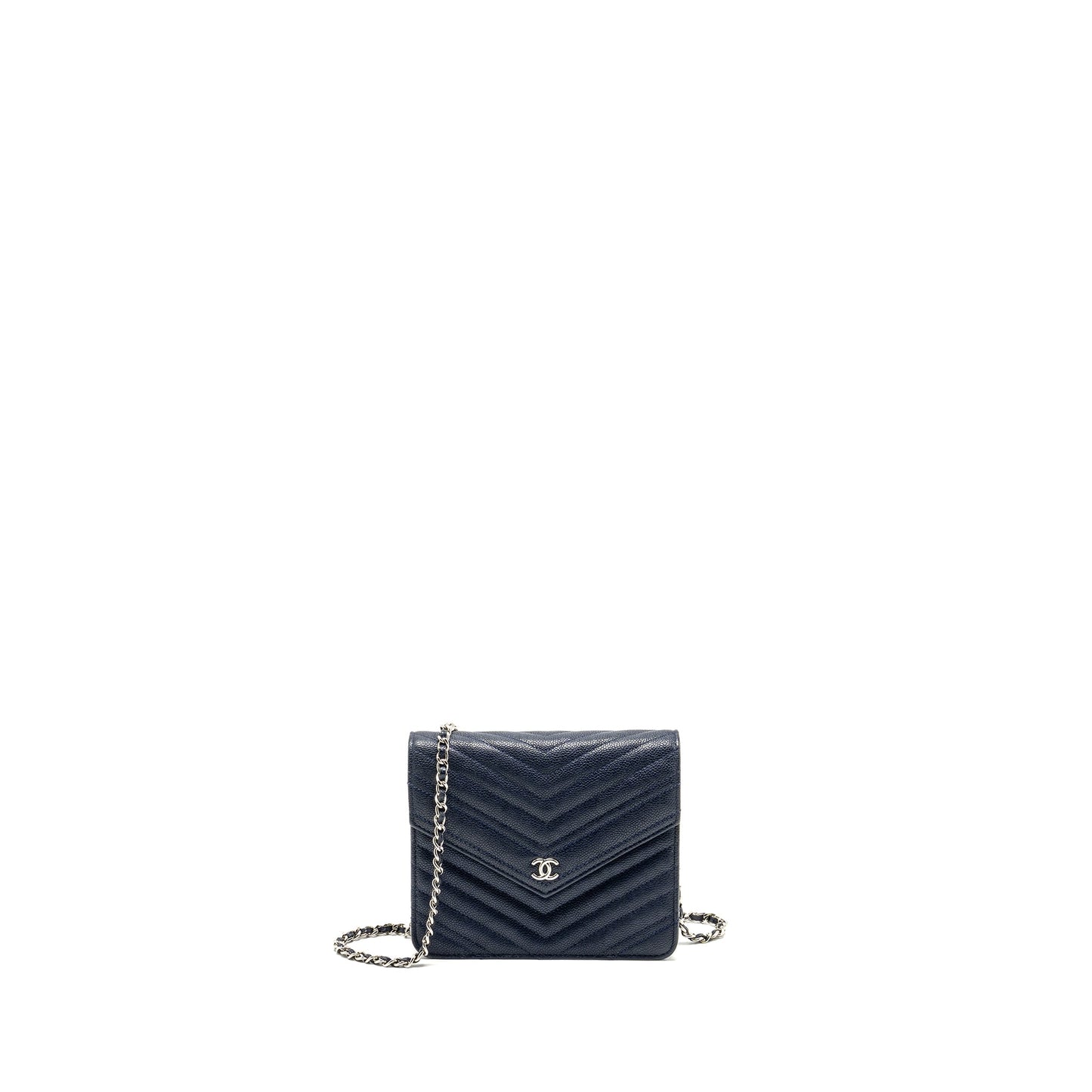 CHANEL Square Chevron Wallet On Chain Navy Caviar Navy SHW