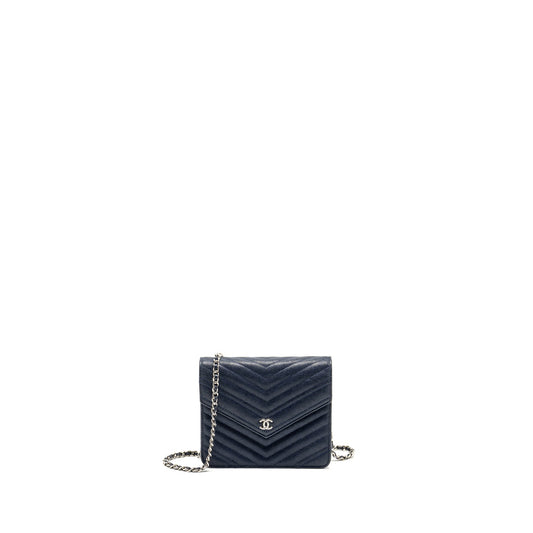 CHANEL Square Chevron Wallet On Chain Navy Caviar Navy SHW