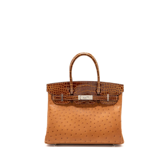 Hermes birkin 30 touch ostrich / alligator mississippiensis shiny cognac / miel SHW stamp Z