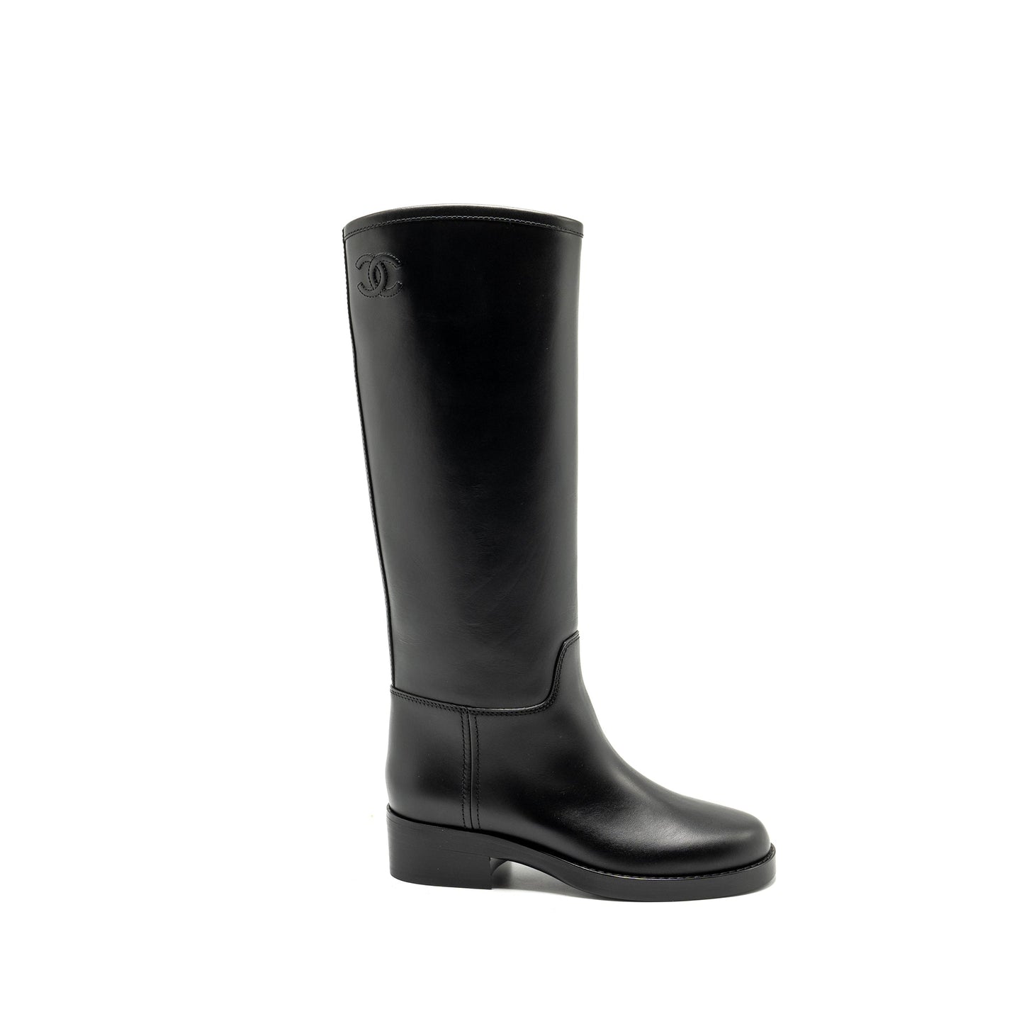 Chanel Size 38 CC Logo High Boots Calfskin Black