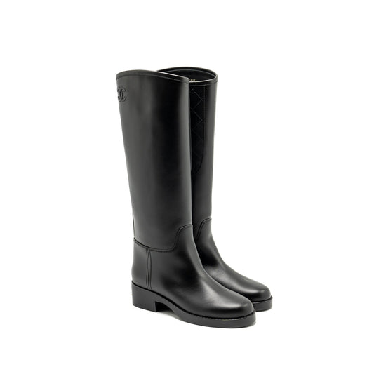 Chanel Size 38 CC Logo High Boots Calfskin Black