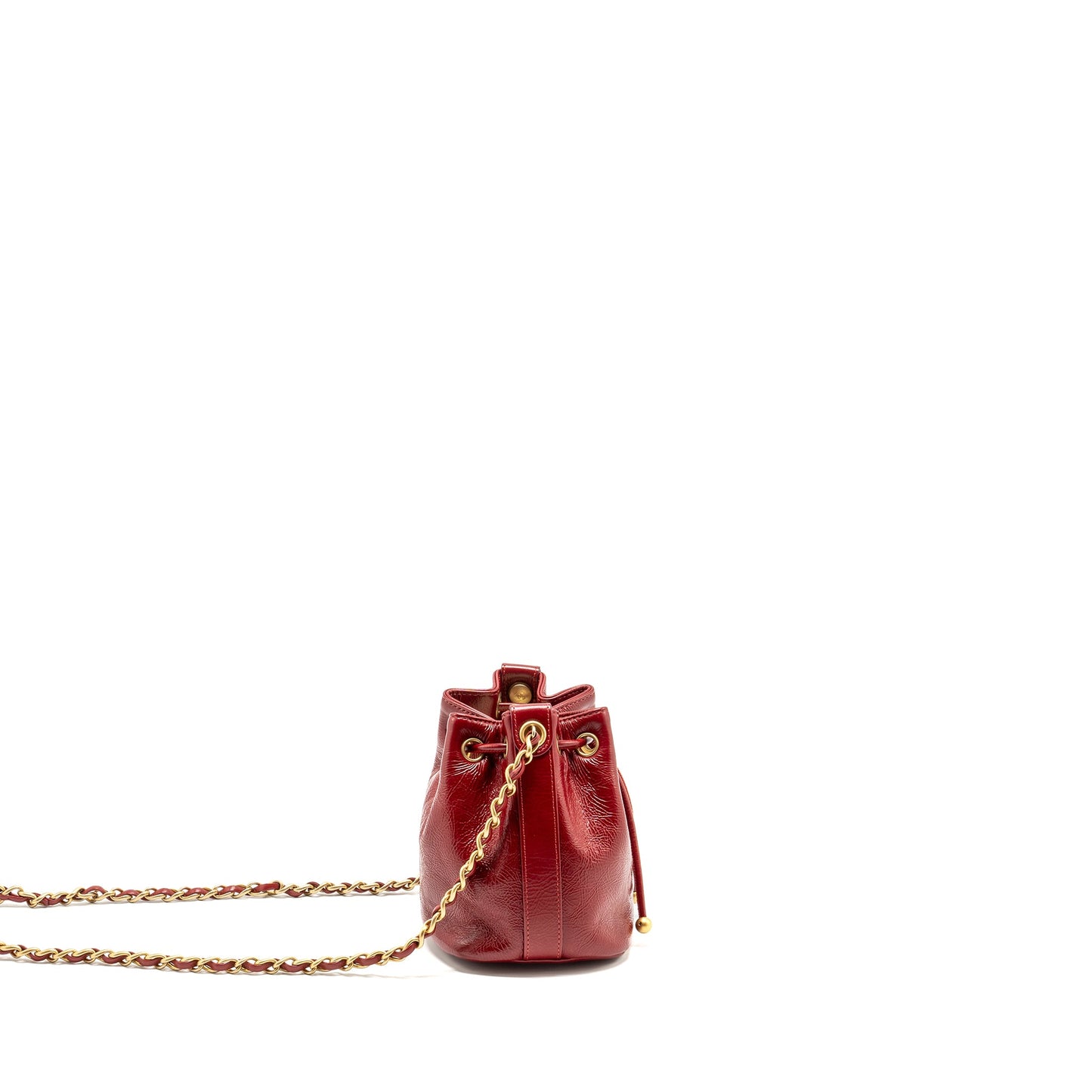 Chanel CC Drawstring Mini Bucket Bag Shiny Aged Calfskin Red GHW