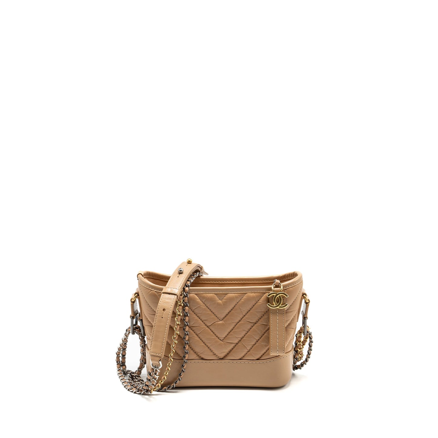 Chanel Small Chevron Gabrielle Hobo Bag calfskin beige multicolour hardware