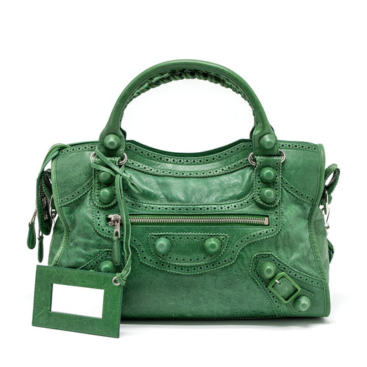 Balenciaga Lace City Bag Leather Green SHW