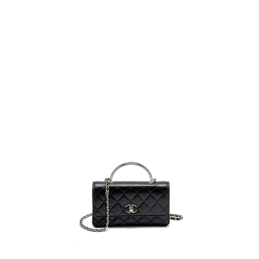 Chanel Top Handle Mini Wallet On Chain Flap Bag Lambskin Black SHW (Microchip)