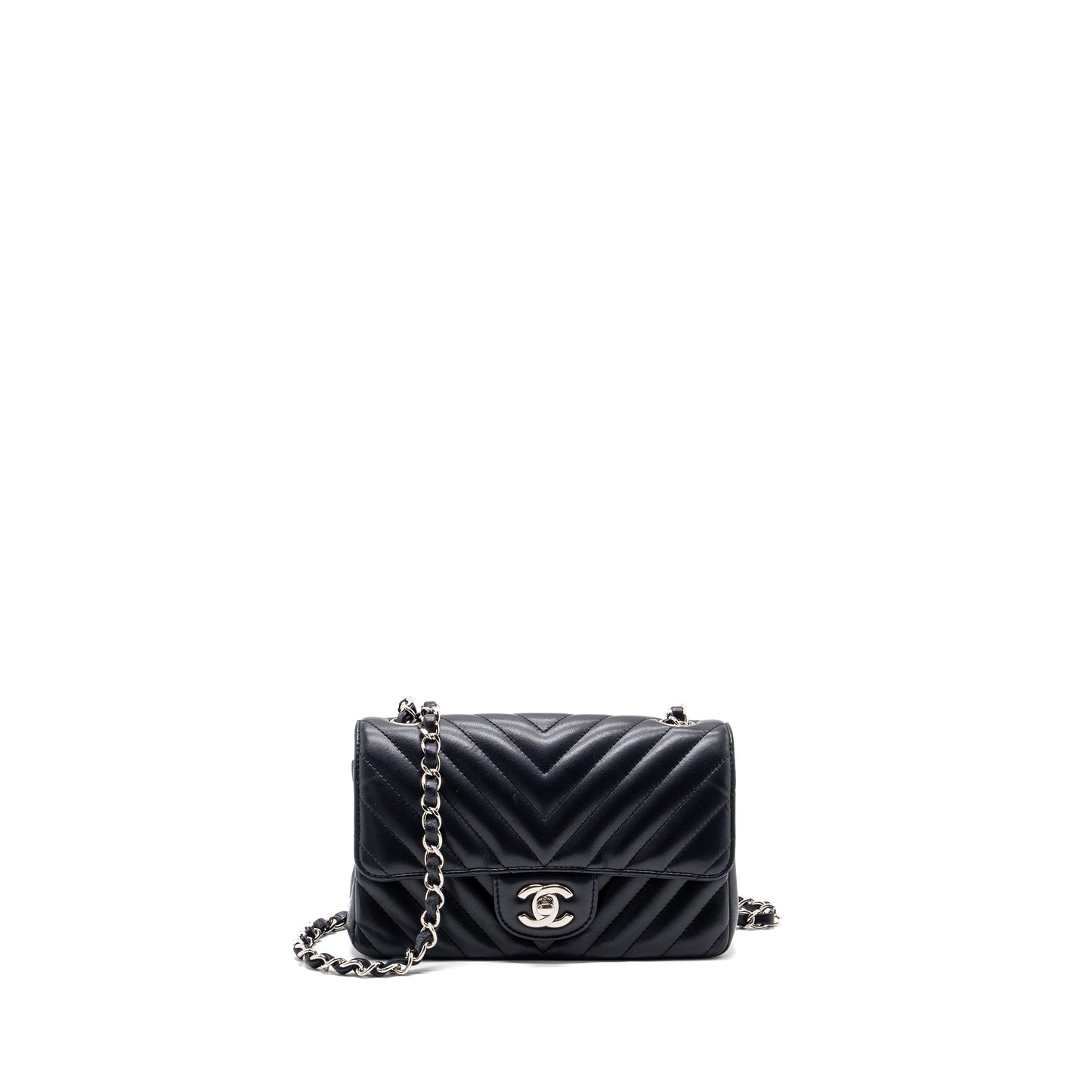Chanel mini rectangular flap bag chevron lambskin navy SHW