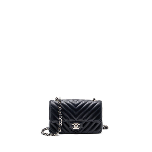 Chanel mini rectangular flap bag chevron lambskin navy SHW