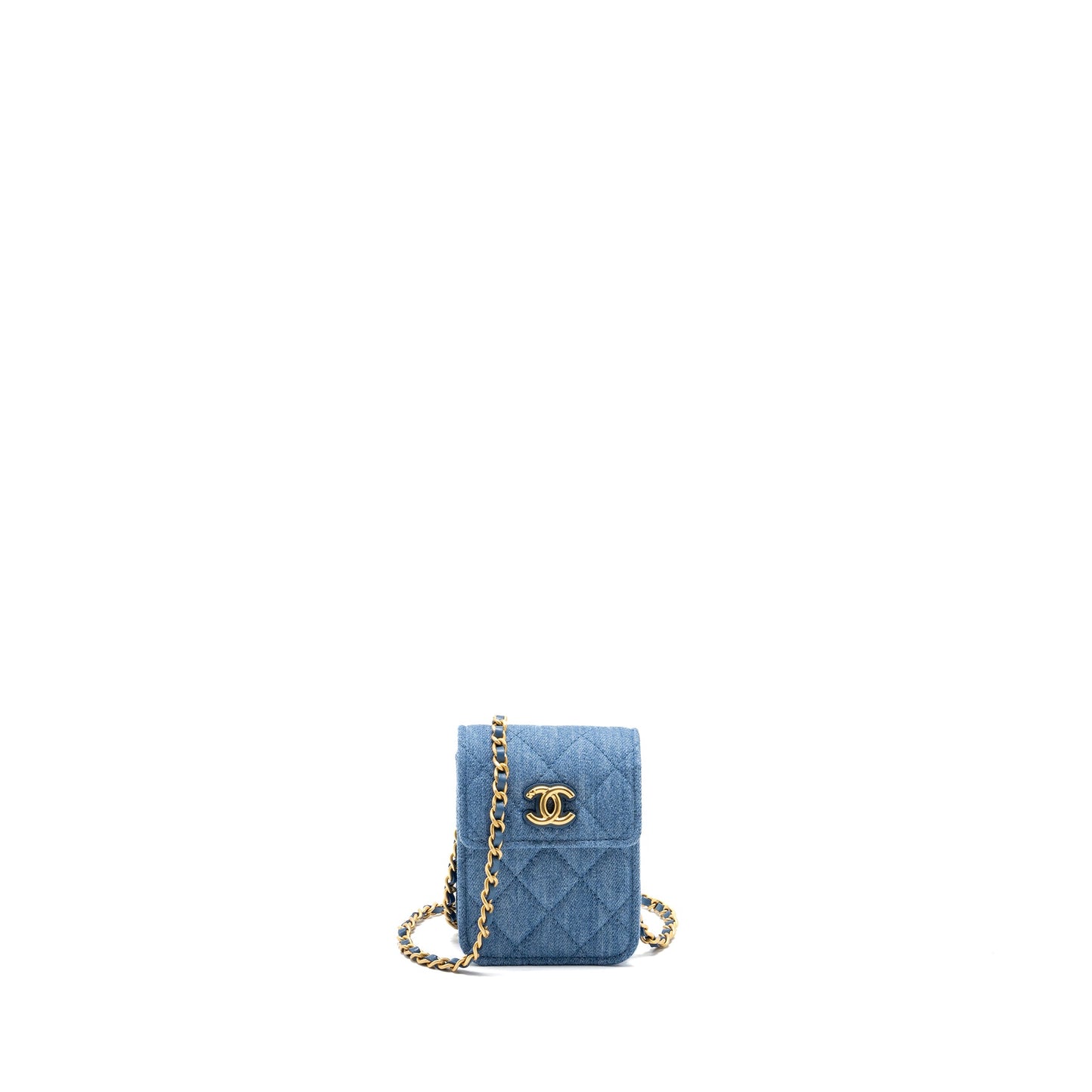 CHANEL Mini Vertical Flap Clutch With Chain Denim Blue GHW (microchip)