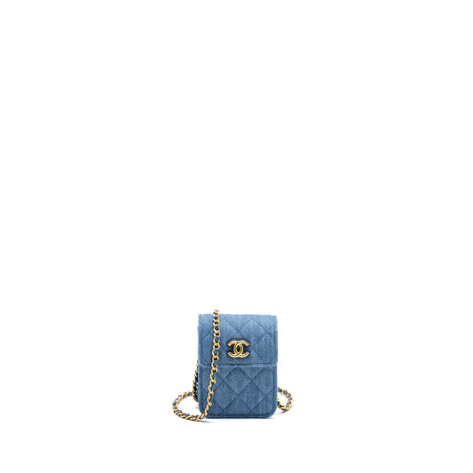 CHANEL Mini Vertical Flap Clutch With Chain Denim Blue GHW (microchip)