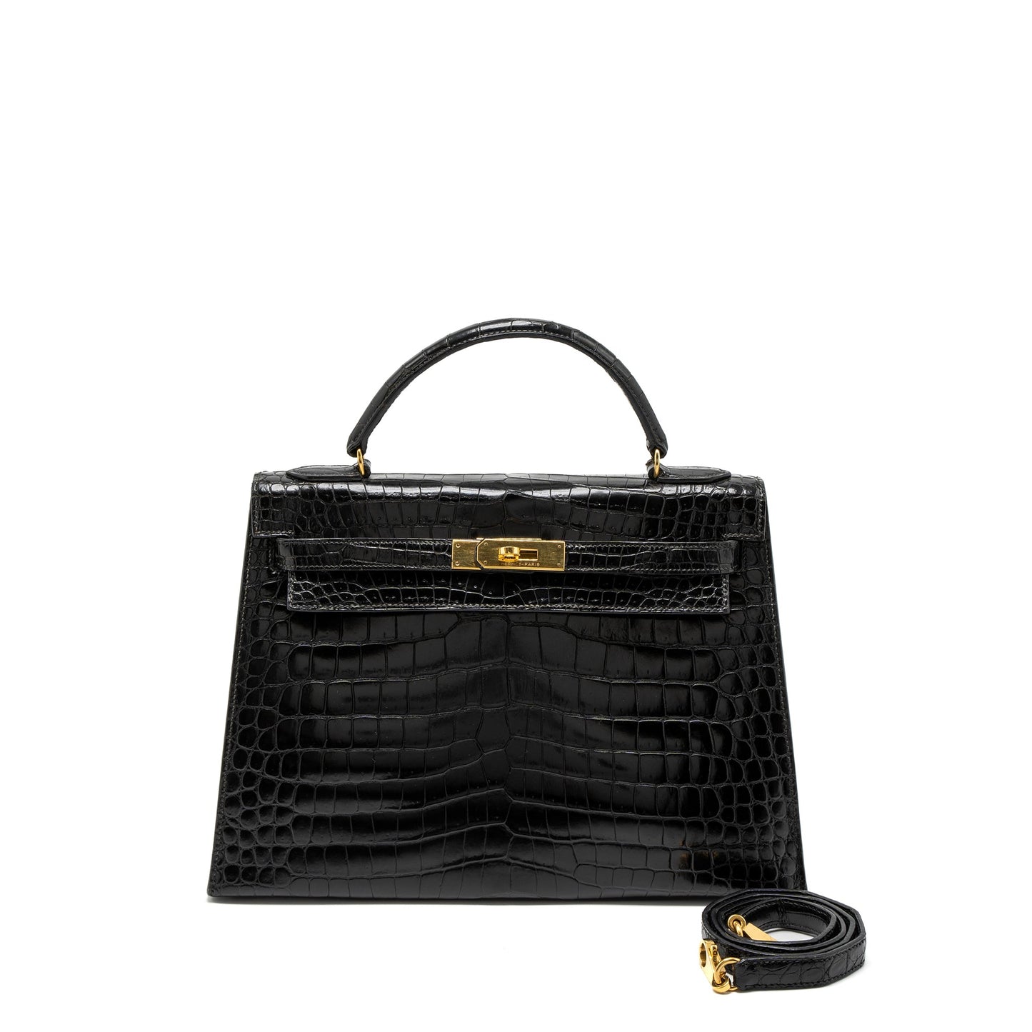 Hermes Kelly 32 Shiny Crocodile Porosus Black GHW Stamp Circle Q
