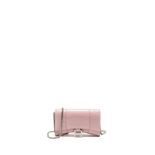 Balenciaga Hourglass Wallet on Chain Croc-Embossed Calfskin Pink SHW