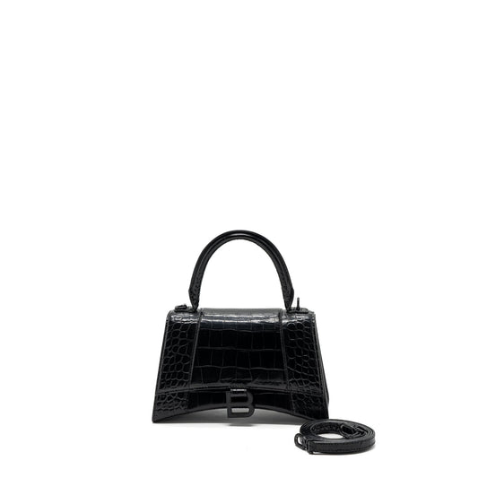 Balenciaga Hourglass S Croc-Embossed Calfskin So Black