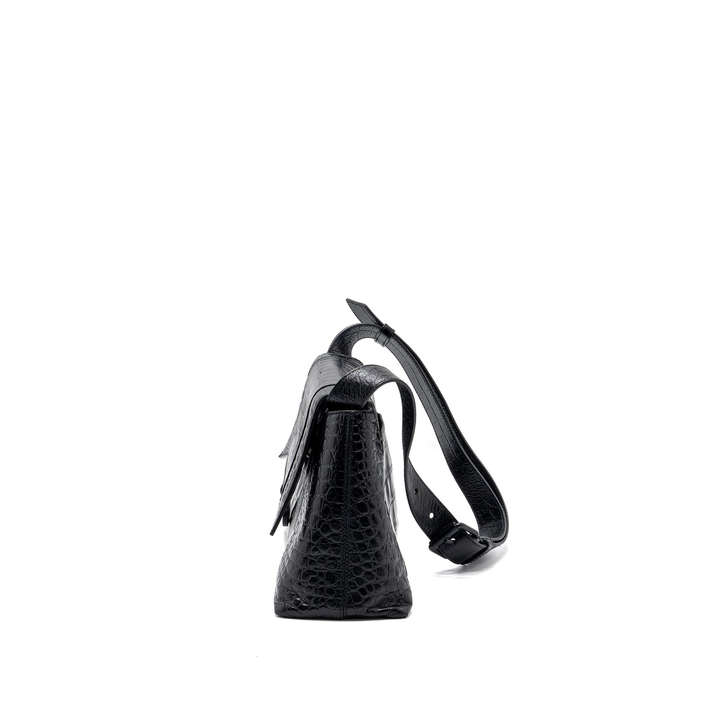 Balenciaga Downtown Small Shoudler Bag Crocodile Embossed Black with Black Hardware
