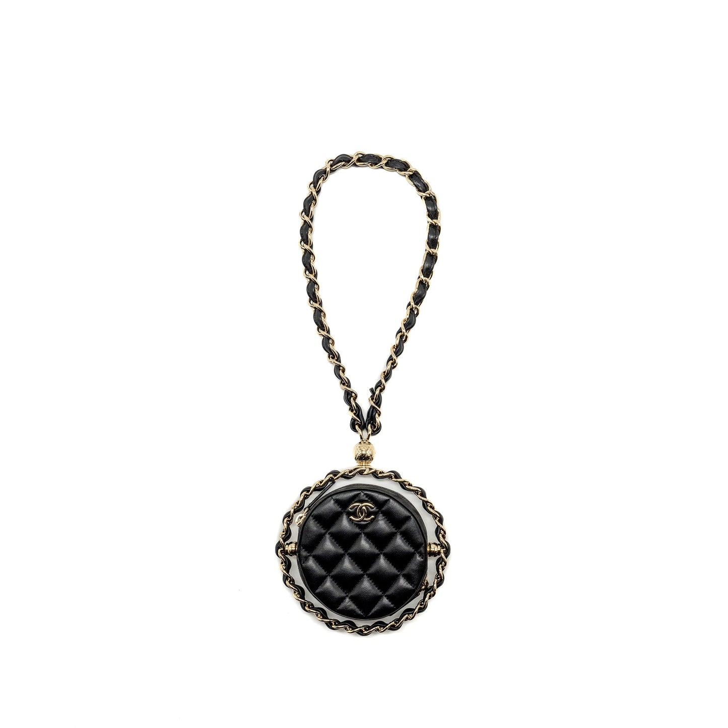 Chanel 22c Quilted Round Clutch With Chain Lambskin Black LGHW