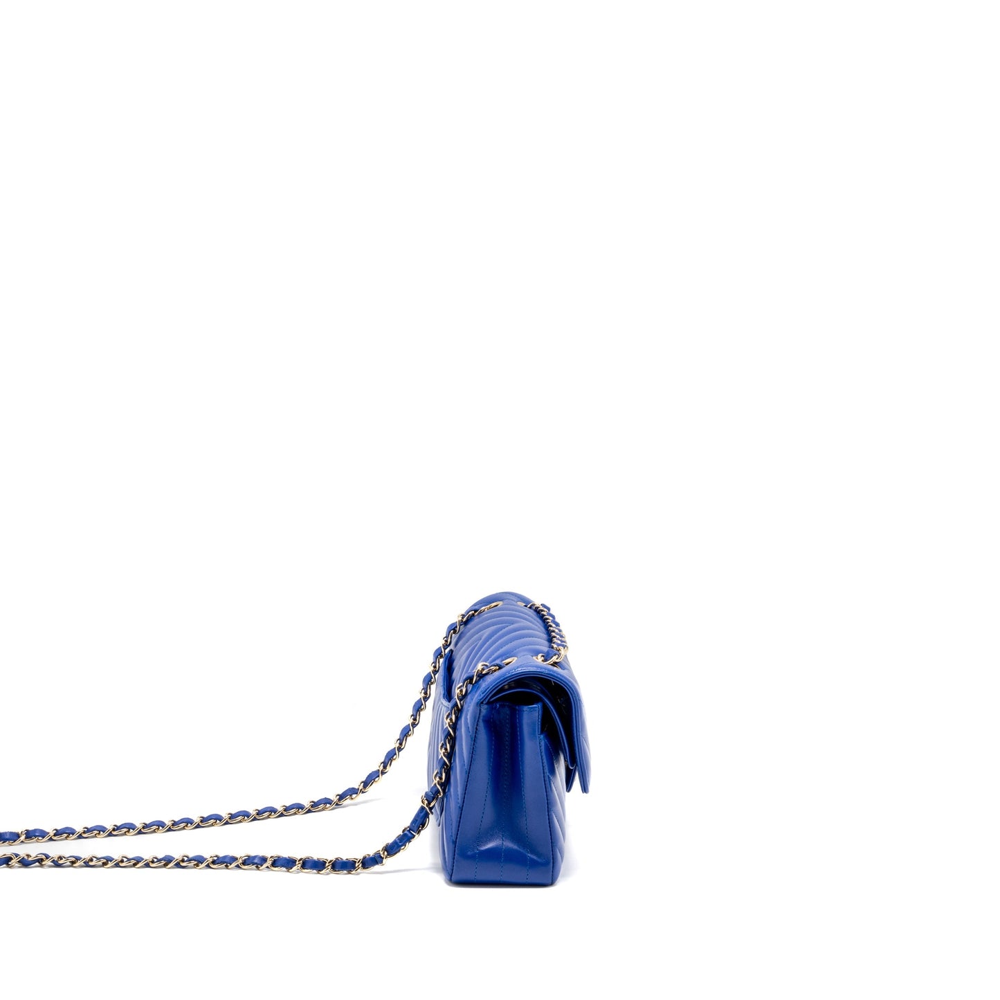 Chanel small classic double flap bag chevron lambskin blue LGHW