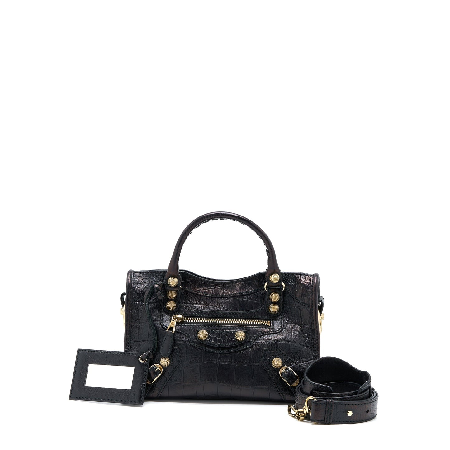 Balenciaga Mini City Croc-Embossed Calfskin Black GHW