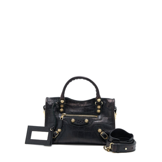 Balenciaga Mini City Croc-Embossed Calfskin Black GHW
