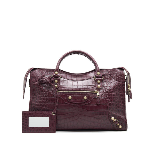 BALENCIAGA MEDIUM GIANT CITY BAG BURGUNDY CROCODILE EMBOSSED LEATHER WITH GHW