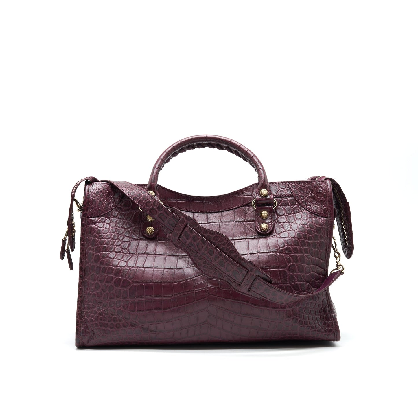 BALENCIAGA MEDIUM GIANT CITY BAG BURGUNDY CROCODILE EMBOSSED LEATHER WITH GHW