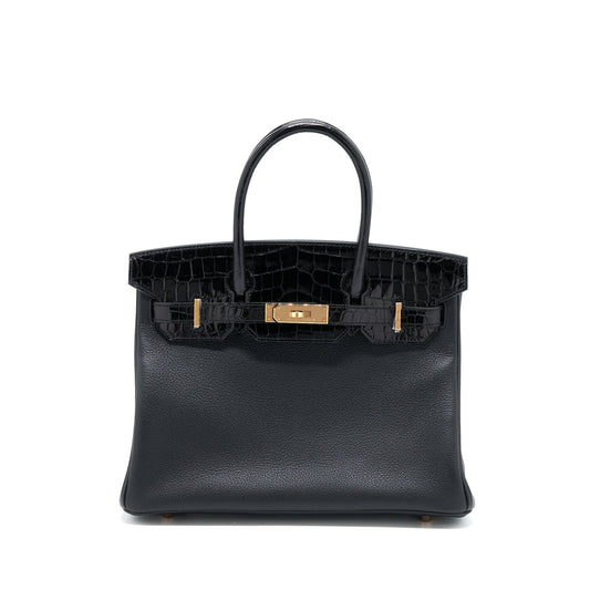 Hermes Birkin 30 Shiny Touch Crocodile Niloticus/Tairullon Novillo Black RGHW Stamp D