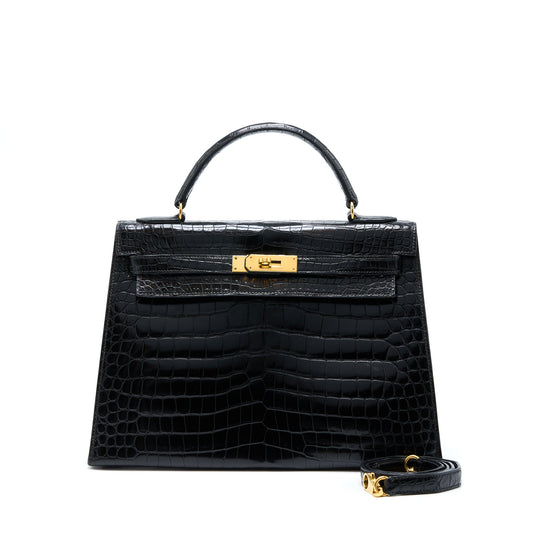 Hermes Vintage Kelly 32 Shiny Crocodile Porosus Black GHW Stamp Circle Q
